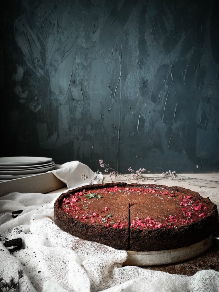 dark chocolate tart with raspberries and basil